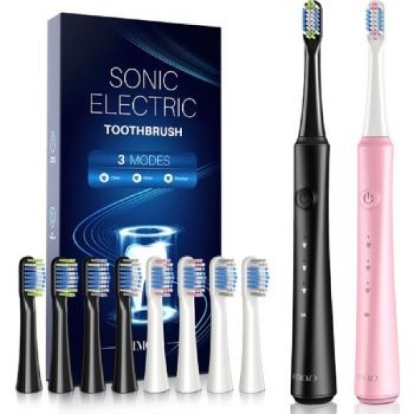 ATMOKO Sonic Duo Electric Toothbrush, Rechargeable with 40000VPM, Includes 8 Brush Heads-HP42A, Black&pink